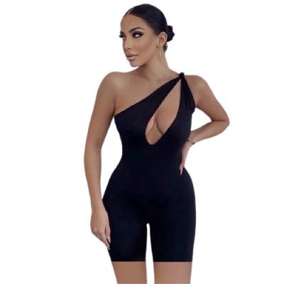 China Breathable One Shoulder Cut Out Biker Shorts Rompers Workout Sleeveless Sporty Activewear Playsuits Women Solid Casual Clothing for sale