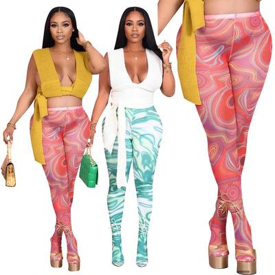 China 2021 Fashion Streetwear Breathable Colorful Thin Waist High Waist Pants Skinny Pants Mesh Print Tights Womens Leggings for sale