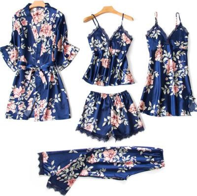 China QUICK DRY Women's Satin Floral Printing Five Piece Sets Soft And Comfortable Sleepwear Pajamas for sale