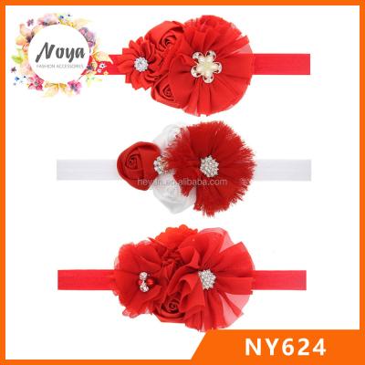 China Red Fabric Chiffon Flowers Headbands For Kids New Year Headbands For Baby for sale