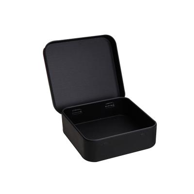 China Mint Readystock Mini Square Hinged Black Matte Tin Metal Containers for sale