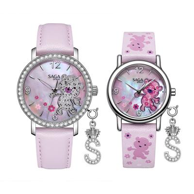 China Water Resistant SAGA Mother and Child Pink Leather Strap Cute Women Watches for Women and Girl Enamel Dial for sale