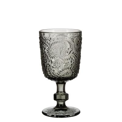 China Machine Made Pressed Paisley Embossed Wine Glass Mug Pattern Gray Colored 10 Ounce Vintage Goblet Wine Glass Cup Red Wine Glass for sale