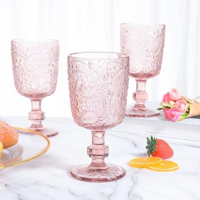 China Embossed Wine Glass Sets Wholesale New Design Classic Best Seller New Design Pink Colored Embossed Wine Goblet for sale