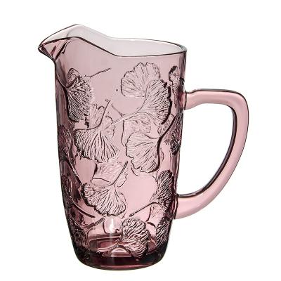 China Large Capacity Amazon Success Pressed Glass Carafe Pattern Colored Drinking Water Jug Ginko Cups Glass Pitcher With Handle for sale