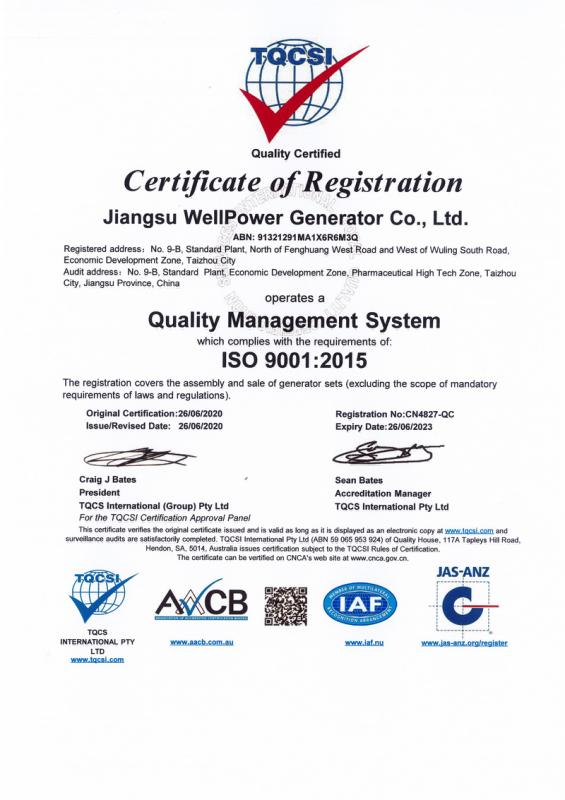 ISO9001 - Jiangsu Wellpower Generator Co., Ltd.