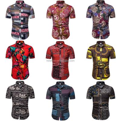 China Anti-pilling men's tight floral short-sleeved shirt with geometric stripes men's resort shirt for sale