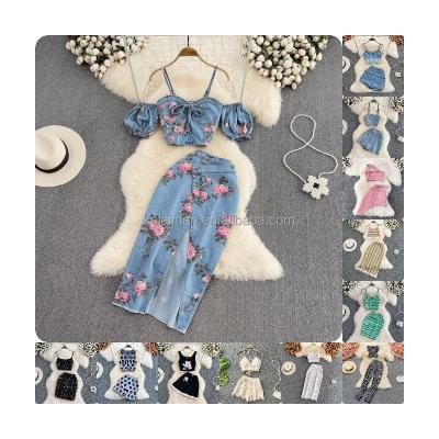 China QUICK DRY Denim Knitted Chiffon Fashion Suit Women Girls Irregular Split Skirt Summer Split Waist Spicy Chic Halter Top High for sale