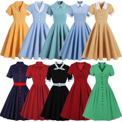 China Hepburn retro style anti-static temperament lapel short sleeve design soft elegant sense of waist tucked in the big swing mid length dress for sale