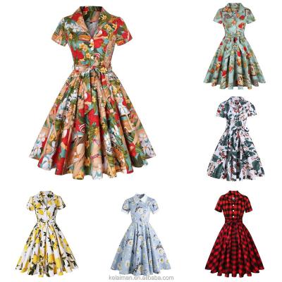 China Anti-Static Vintage Hepburn Style Print Dress Mid-Summer Length With Waist Tucked In Soft Big Swing Plus Size Age-Reducing Maxi Skirt for sale