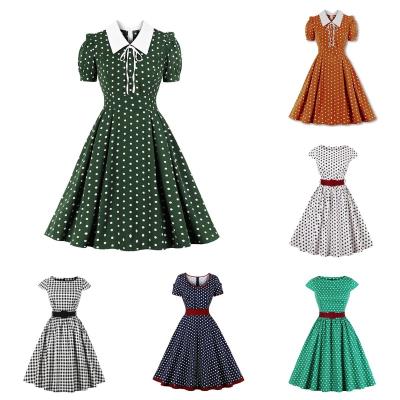 China Summer anti-static cotton dress dot wave design Hepburn retro mid length swing closed waist slimming temperament skirt for sale