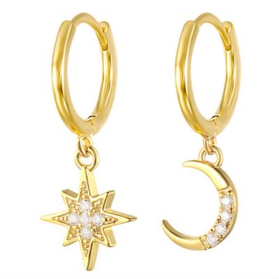 China Wholesale Unique High Quality Eco-friendly Design Star and Moon Style Diamond Crystal CZ Gold Plated Women's Earrings Filled Set for sale