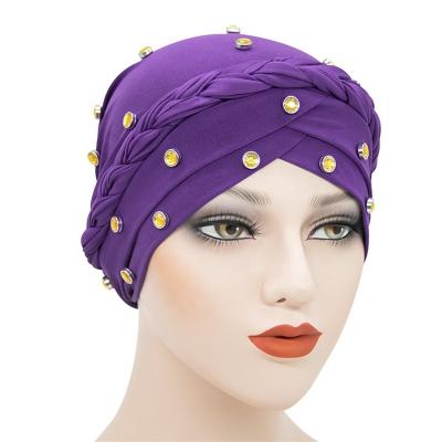 China Wholesale New Design Hair Accessories Daily Life Plain Headwrap Arab Beaded Hood Loose Braid Muslim Turban Hats for sale