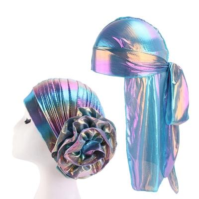 China Creative Daily Life Hair Accessories New Couples Set Silky Turban and Women Durags and Cowls 3D Laser Sleep Flower Durag Men for sale