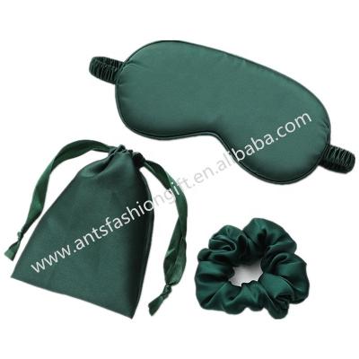 China Fashionable custom eye mask logo double sided silk satin eye mask scrunchies and satin drawstring gift bags set for sale