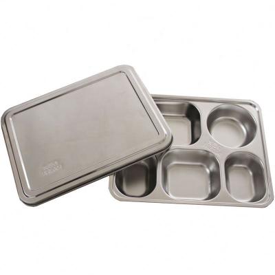 China Factory Hospital School Material 201 304 Stainless Steel Fast Food Tray Dinner Dish Sustainable 4 Compartment Lunch Box With Cover for sale