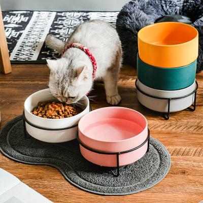 China Sustainable Custom Ceramic Dog Pet Water Feeder Elevated Cat Bowl With Steel Stand for sale