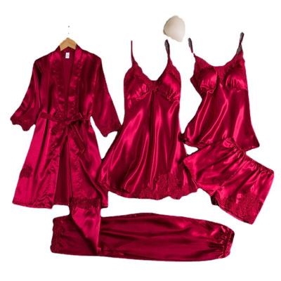 China Enssy QUICK DRY most popular 5 piece women section chest pad sling silk pajamas set popular sexy silk nightgowns women for sale