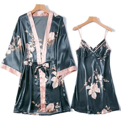 China Enssy New QUICK DRY Printed Women's Long Sleeve Sling 2 Piece Silk Pajamas Set Sexy Mature Women Nightgown for sale