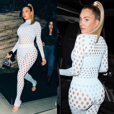 China Women Breathable Sexy Transparent Tight Fit Sports Two-Piece High-Neck Hole Knitted Breathable Mesh Suit for sale