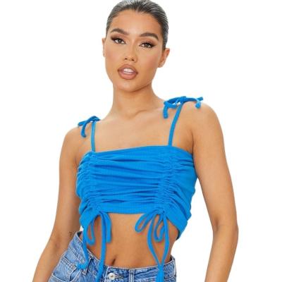 China New Enssy Breathable Custom Drawstring Vest Summer Women's Tops Bare Waist Pleated Sexiest Women's T-Shirts for sale