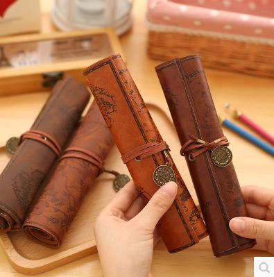 China Gift Creative Retro Canvas Leather Large Capacity Pencil Case Cute Simple Pencil Case Rolling Pencil Case for sale