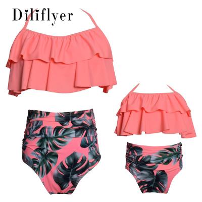 China 2022 Antibacterial New Tops Mommy And Me Waist Swimsuit Split Ruffles Parent-child Printed Two-Piece Swimwear for sale