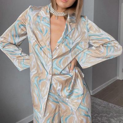 China 2022 New Ice Stripe Printing Silk Fashion Women's Sleeved Pajamas Long Pants Suit Home Wear Breathable Home Wear for sale