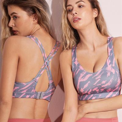 China QUICK DRY Camouflage Printed Lovely Cross Back Fixed Cup Sports Bra No Steel Yoga Ring Shockproof Fitness Running Underwear for sale