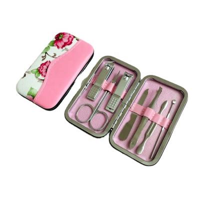 China New LOGO Printed Environmental Friendly Pink Nail Care Kit Pedicure Scissors Tweezers Manicure Kit Practical Tools for sale