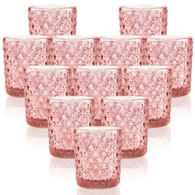 China Garden home decoration wholesale price cylinder hot sale small size pink embossed glass candle holder for sale