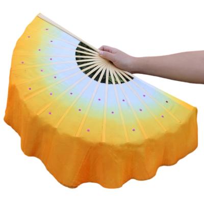 China Orange Silk Traditional Bamboo Prop Veil 41cm (16 Inch) China Fan Side Double 2 Layers Semicircle Moon Form Folk Classic Yangko for sale