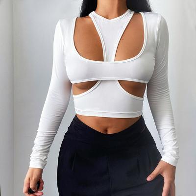 China Newest Design QUICK DRY Long Sleeve Solid Color T-shirt Women Cutout Tops Autumn Fashion Ladies Tops Women Clothing for sale