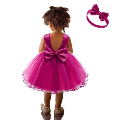 China Breathable Ready In Stock 12 Colors Toddler Girl Clothes Big Kid Bow Tulle 1 Year Old Birthday Dress With Match Headband for sale