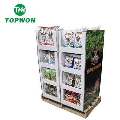 China Hot Sale Topwon Eco-friendly Promotional Supermarket Cardboard Corrugated Floor Pallet Display Rack for sale