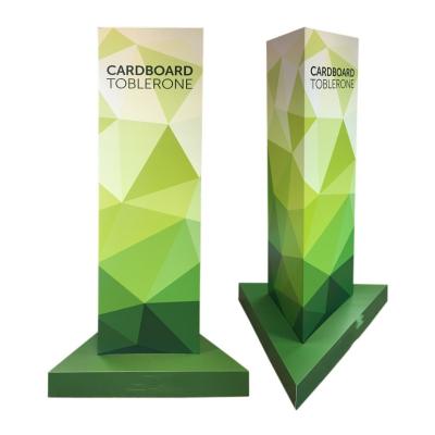 China Topwon Cardboard 3 Sides Triangle Floor Standee Advertising Pop Display Stands Eco-friendly Custom Banner for sale