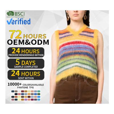 China CaiNan Anti-Wrinkle Women Sweater Luxury Sleeveless Contrast Designer Striped Mohair Striped Knitted Vest Vest for sale