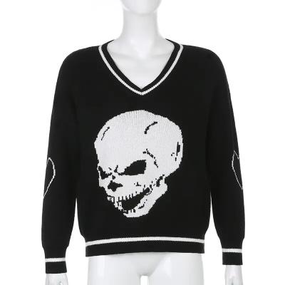 China Anti-wrinkle CaiNan Custom Black v-neck long sleeve skull y2k print knit y2k pullover women y2k skeleton skull sweater for sale