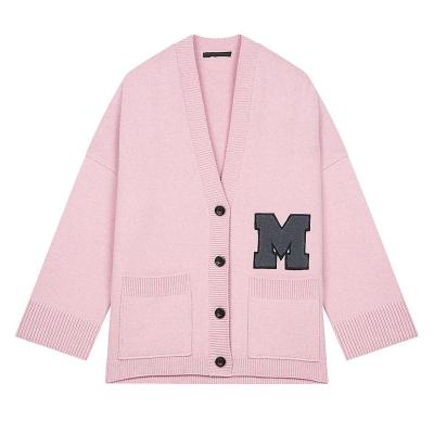 China custom oversized neck Anti-wrinkle CaiNan sweater women v cardigan wool sweater from manufacture knit letter jacquard varsity cardigan for sale