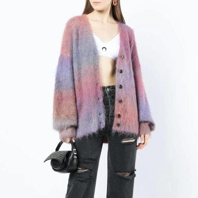 China custom Anti-wrinkle CaiNan fluffy mohair cardigan sweater men knit unisex winter wear v neck tie dye gradient sweater cardigan luxury unisex for sale