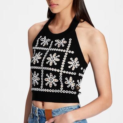 China Custom wholesale CaiNan Anti-wrinkle short wool logo crop nylon tops for women flower embroidery cropped sweater vest knit tank tops women for sale