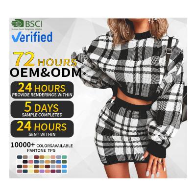 China CaiNan custom made sexy long-sleeved fashion short skirt anti-static knitted jumper dress plaid knitted autumn woman two-piece sweater dress for sale