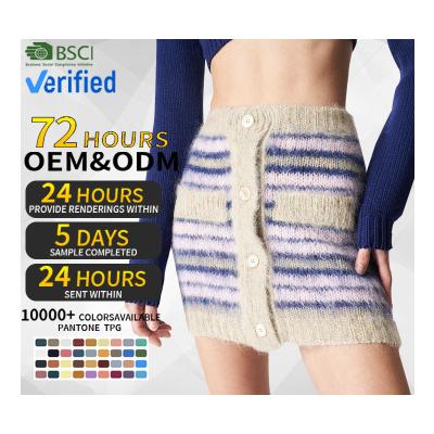 China OEM Manufacturer ODM Custom Women's Sweater Fuzzy CaiNan Fuzzy Knit Mohair Skirt Striped Button A Line Knitted Short Mini Skirt for sale