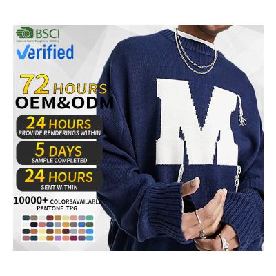 China Anti-wrinkle custom CaiNan loose crew neck varsity knit pullover men sweater letters jacquard college style varsity knit sweater navy for sale