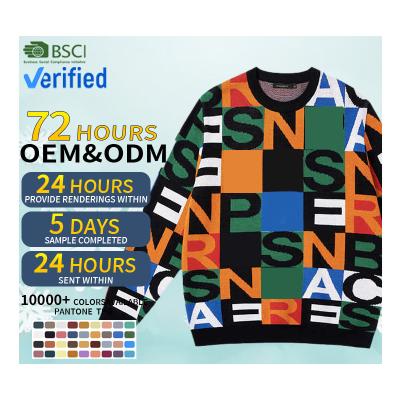 China Anti-wrinkle CaiNan Custom OEM and ODM logo printed jacquard designer knit sweater cotton letter color block crew neck men's unisex sweaters for sale