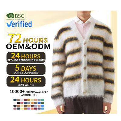 China Anti-Wrinkle CaiNan Custom Oem And Striped Winter Mohair Cardigan Sweater Men Fuzzy Knitwear Long Sleeve Knit Mohair Mens Sweaters Odm for sale