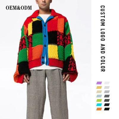 China Anti-Wrinkle CaiNan Knitted Factory Custom Long Sleeves Button Color Block Patchwork Cardigan Sweater Hea Heavyweight Rash Style Cardigan for sale