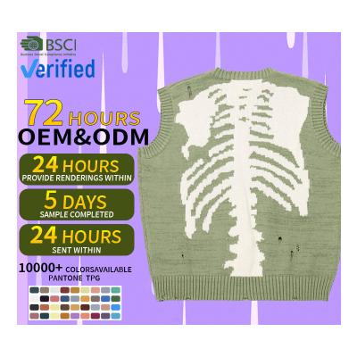 China Custom CaiNan Hip Hop Streetwear Anti-Wrinkle Skeleton Bone Ripped Distressed Sweater Vest Knit Crewneck Skull Sweater Vest for sale