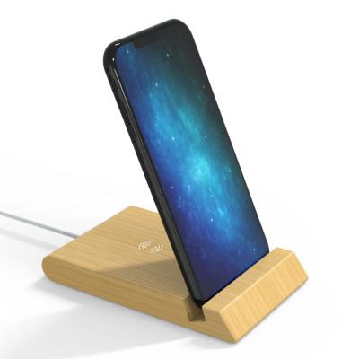 China Custom Logo Branded Wooden Embedded Mobile Cell Phone Holder Bamboo Wireless Fast Charger Desktop Charging Pad for sale