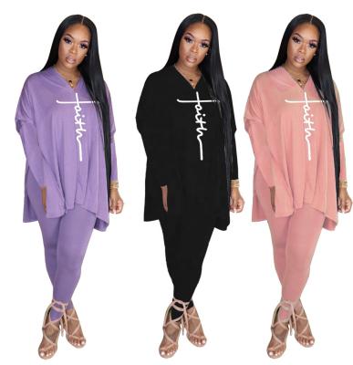 China Anti-static fashionable women's clothing 2022 v-neck long sleeve loose tops set faith two-piece and pants pants two-piece set for sale